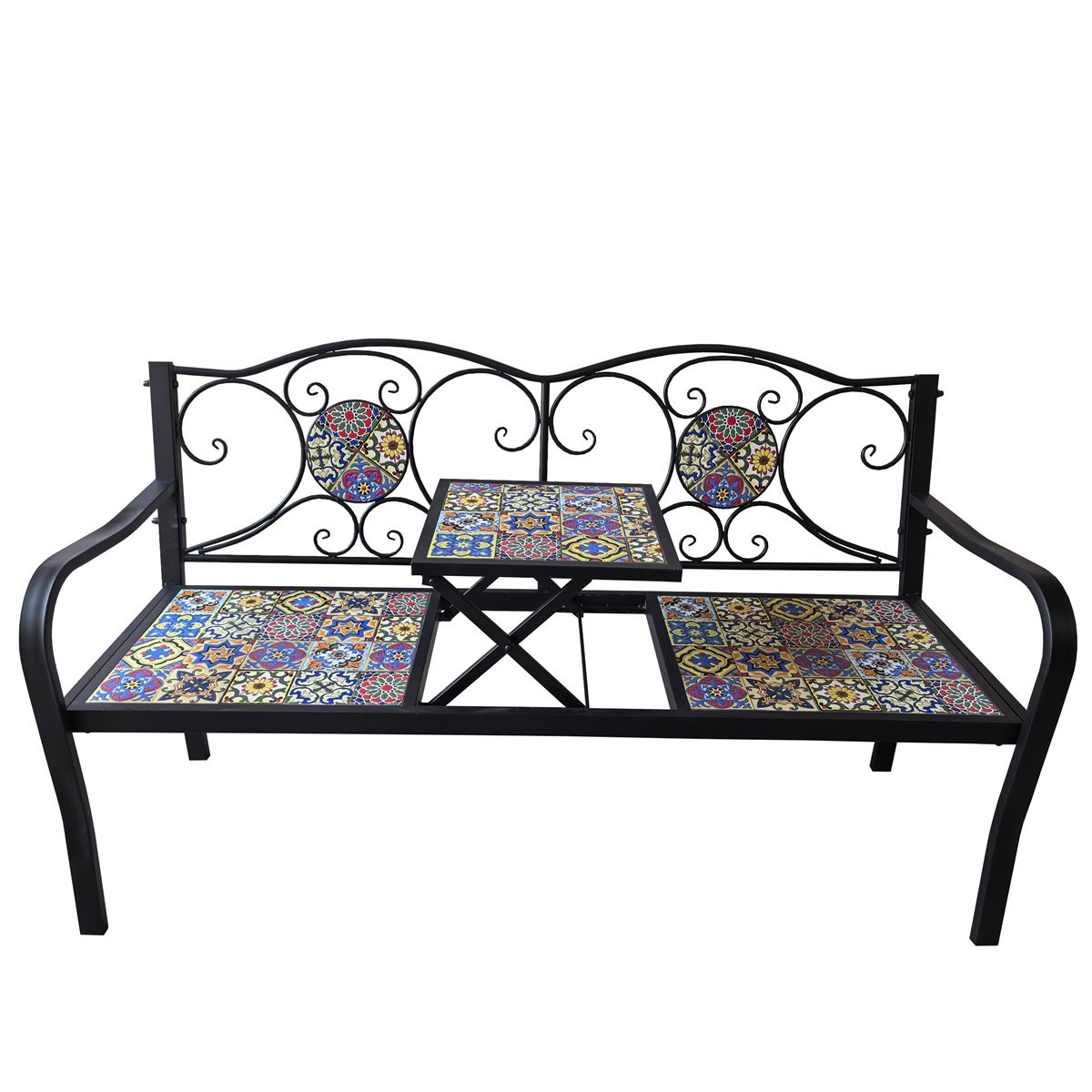 5029936998071 1 Marrakesh Mosaic Metal Garden Bench With Rising Table.jpg